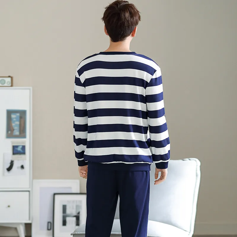 Montagut Pajama Set Autumn And Winter Season Men's Two Piece Set Blue & White-1