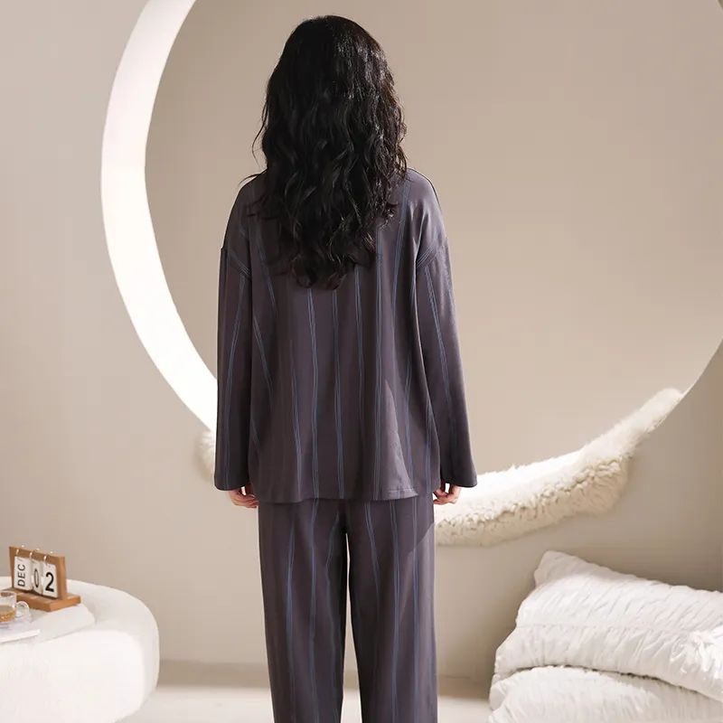 Montagut Pajama Set Autumn And Winter Season Unisex Two Piece Set Navy Blue-3