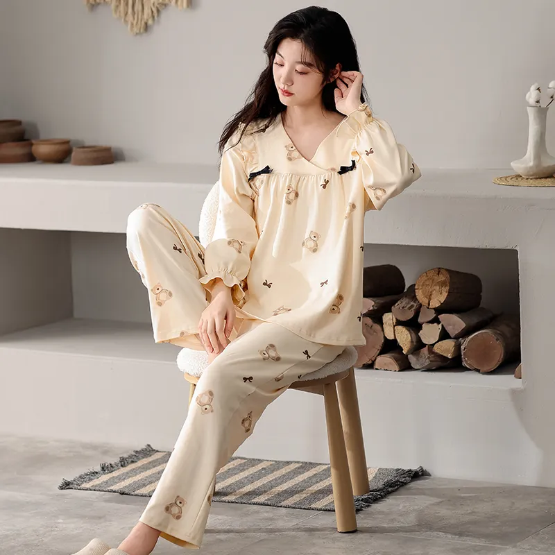 Montagut Pajama Set Autumn And Winter Season Women's Two Piece Set Ecru-1