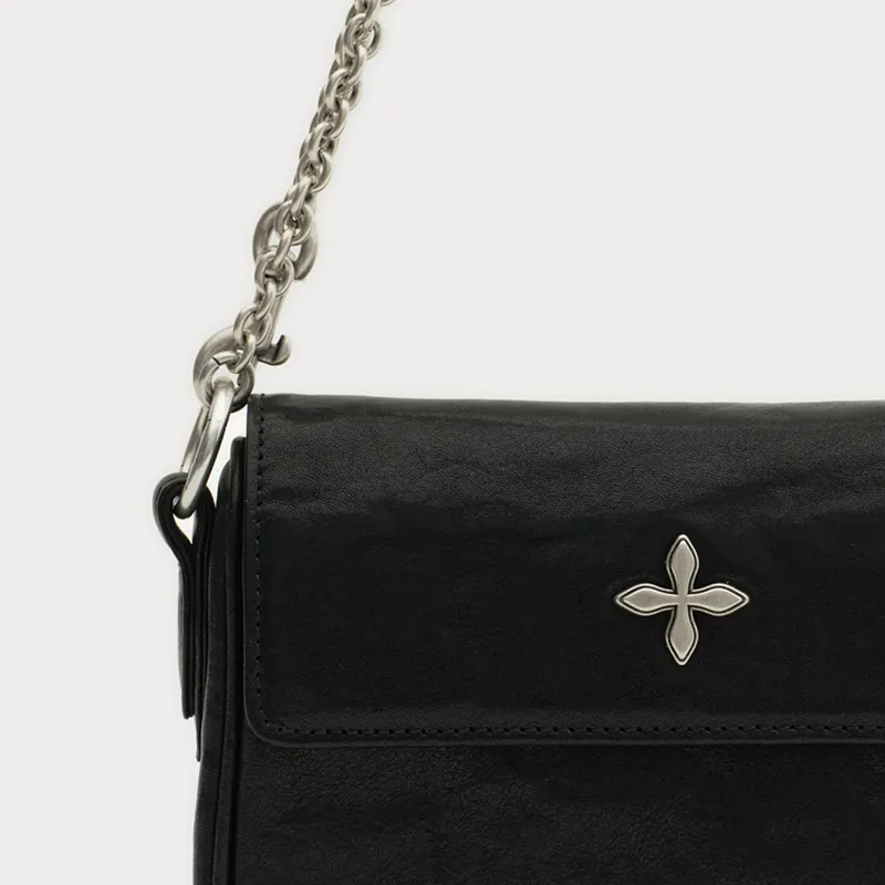 SMFK Transparent Glazed Surface Cow Leather Crossbody Bag Trumpets Women's Wilderness Black-3