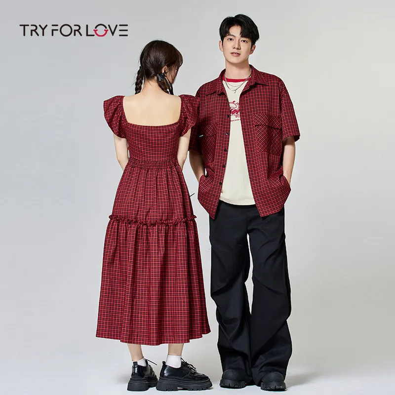 Tryforlove Couple Set Unisex Red Plaid-6