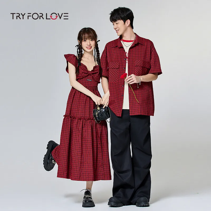 Tryforlove Couple Set Unisex Red Plaid-4