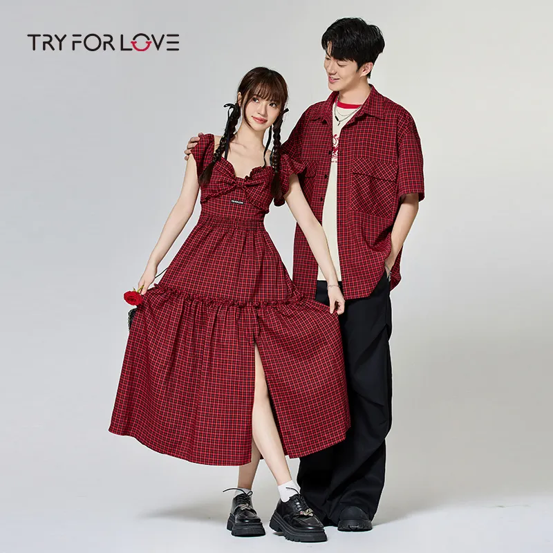 Tryforlove Couple Set Unisex Red Plaid-5