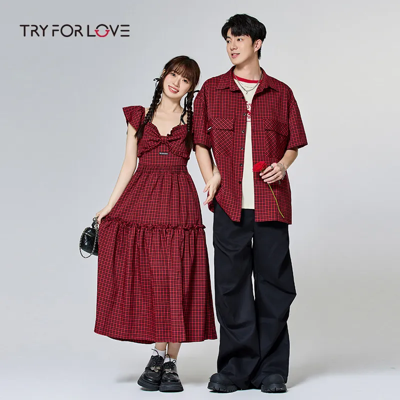 Tryforlove Couple Set Unisex Red Plaid-2