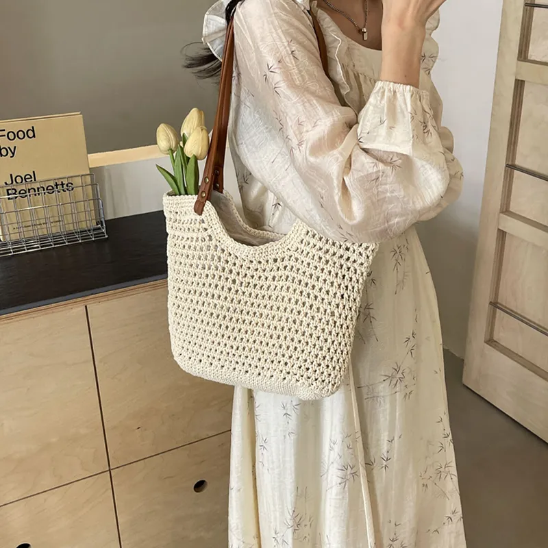 Tonlion Straw Woven Shoulder Bag Women's Beige-6
