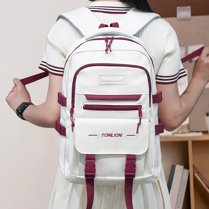Tonlion Nylon Fabric Student Bag Regular Kids' White & Red-2
