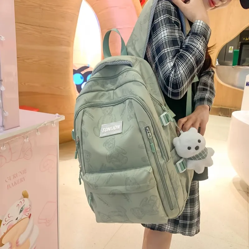 Tonlion Nylon Backpack Large Size Unisex Black/White/Green-11