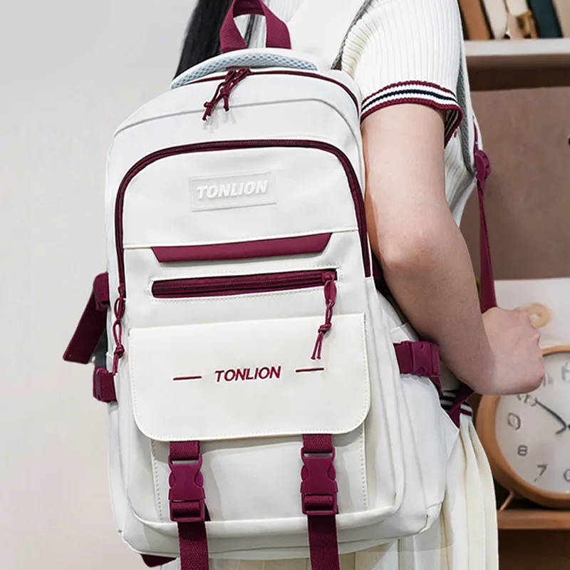 Tonlion Nylon Fabric Student Bag Regular Kids' White & Red-1