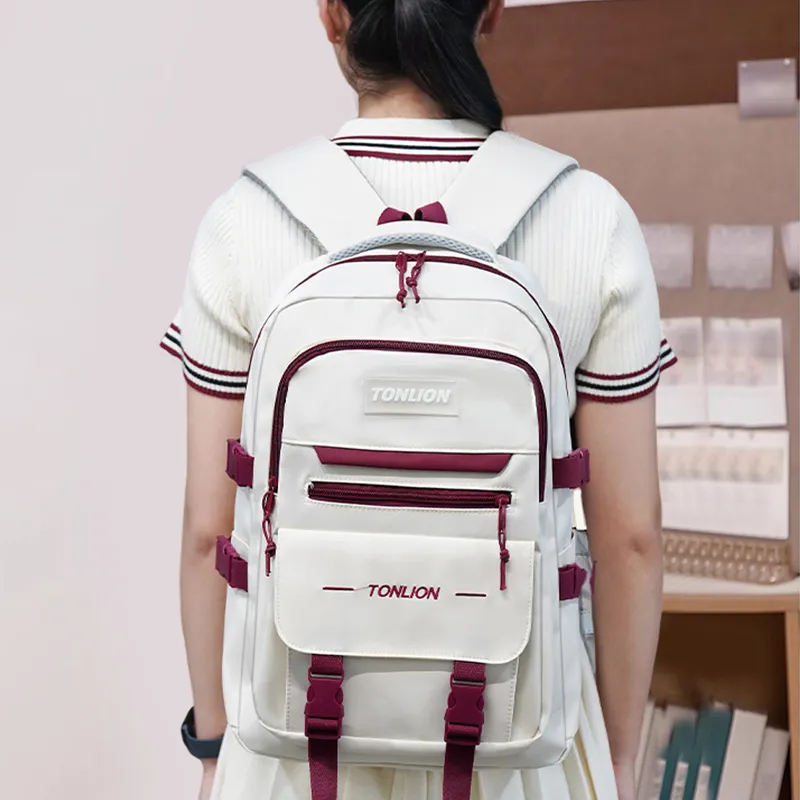 Tonlion Nylon Fabric Student Bag Regular Kids' White & Red-4
