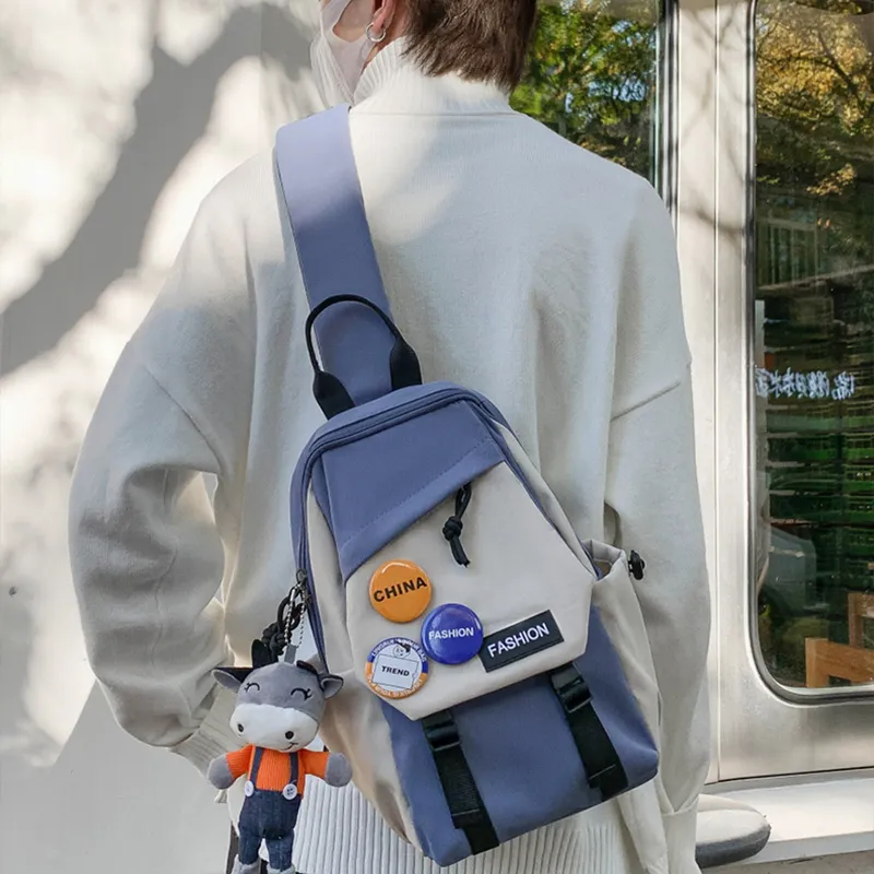 Tonlion Canvas Sling Bag Regular Unisex Black & White & Blue & White-2