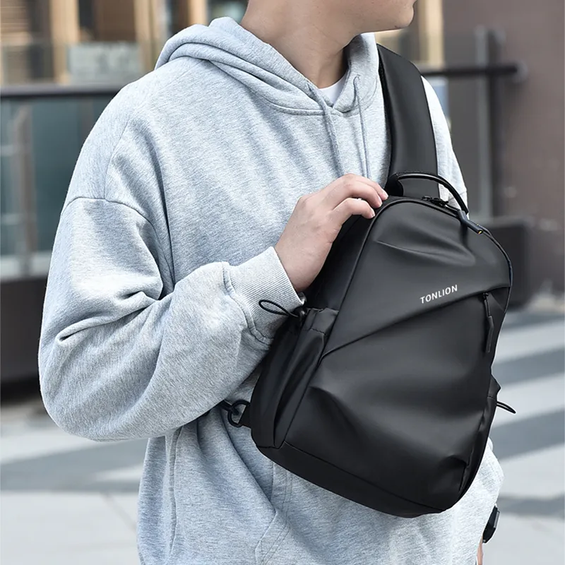 Tonlion Water Repellent Fabric Sling Bag Unisex Black-1