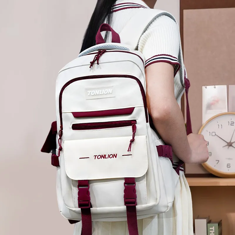 Tonlion Nylon Fabric Student Bag Regular Kids' White & Red-3