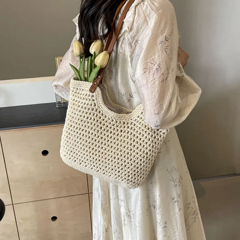 Tonlion Straw Woven Shoulder Bag Women's Beige-3