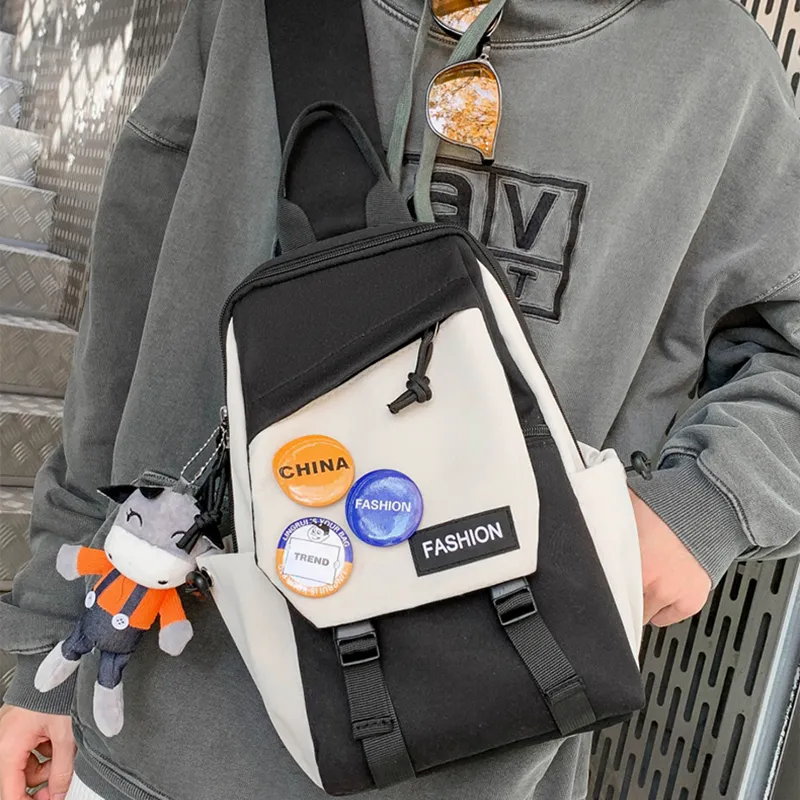 Tonlion Canvas Sling Bag Regular Unisex Black & White & Blue & White-4