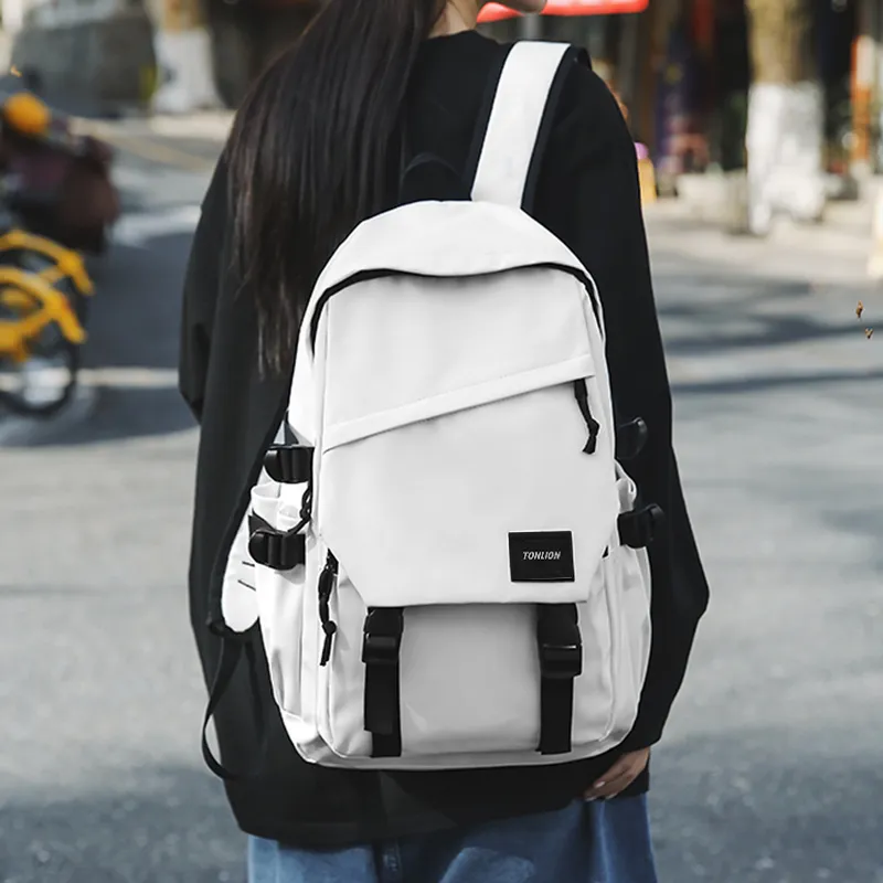 Tonlion Nylon Fabric Backpack Regular Unisex White/Black-3