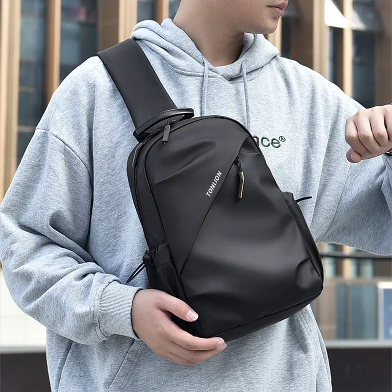 Tonlion Water Repellent Fabric Sling Bag Unisex Black-3