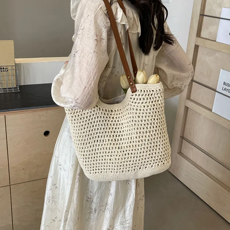 Tonlion Straw Woven Shoulder Bag Women's Beige-4