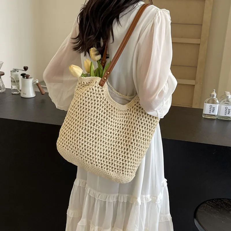 Tonlion Straw Woven Shoulder Bag Women's Beige-5