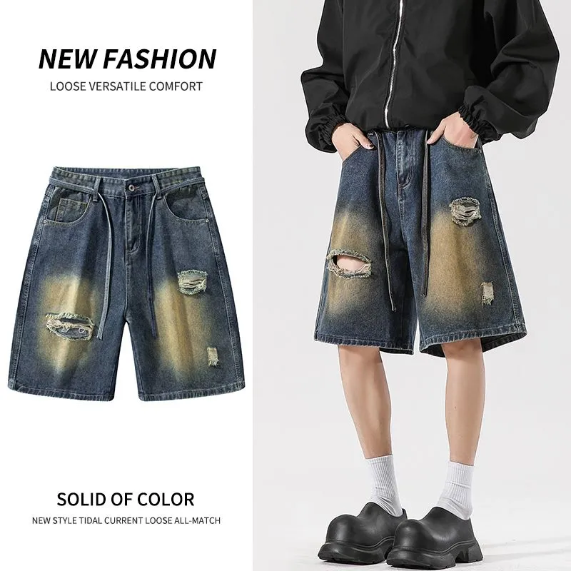 YINLEI Denim Shorts Men's Dark Blue Washed Color-2