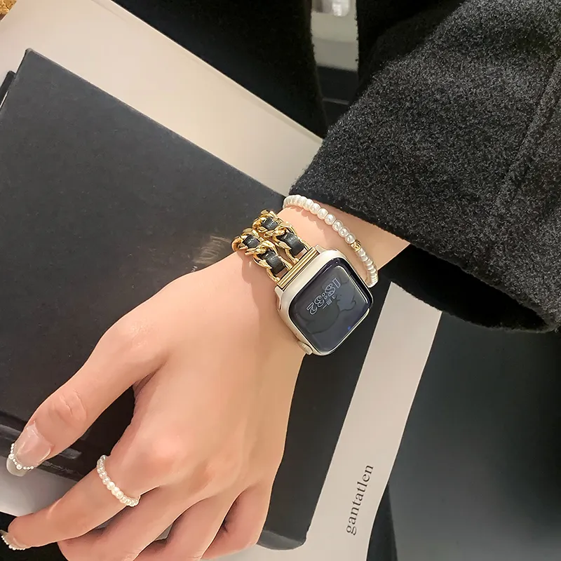 UHADA Apple Compatibility Watch Band Metal With Leather Material-4