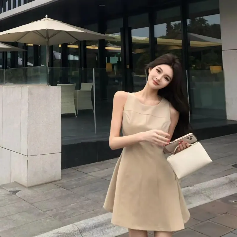 DOKZB Sleeveless Dresses Women's Milk Tea Beige-3
