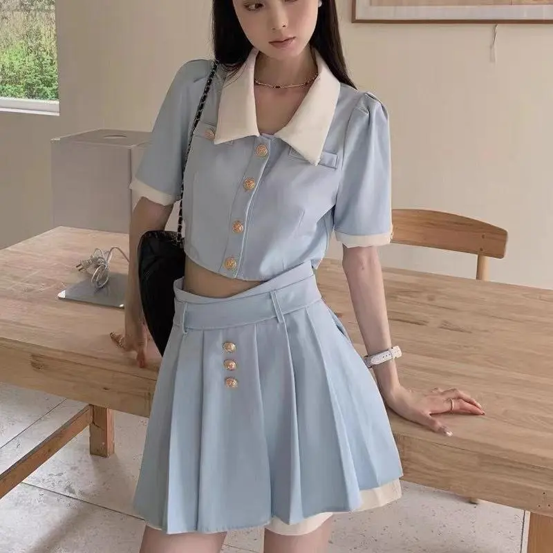 DOKZB Two Piece Skirt Sets Women's Blue-3