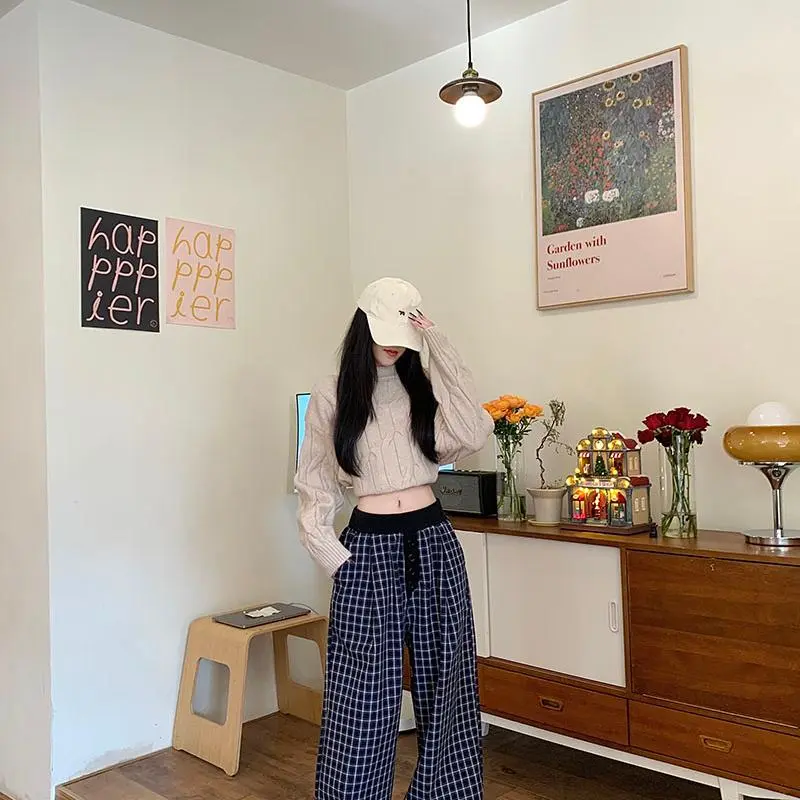 DOKZB Casual Pants Women's Navy Blue Plaid-4