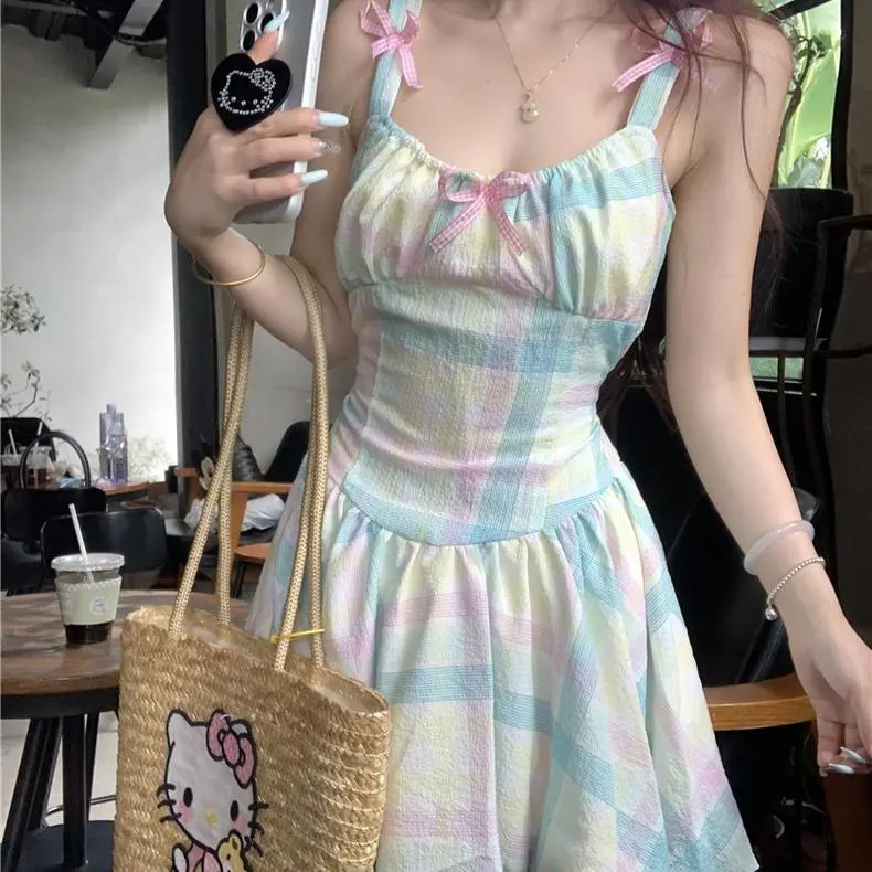 DOKZB Slip Dresses Women's Blue Pink Plaid-4