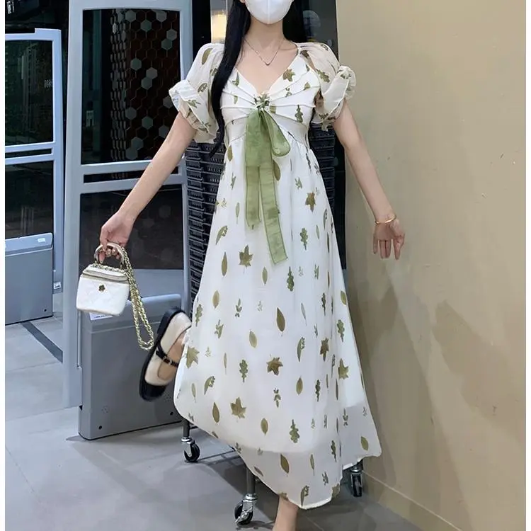 DOKZB Short Sleeved Dress Women's Light Green Floral-5