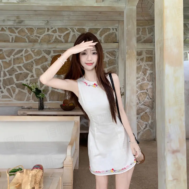DOKZB Sleeveless Dresses Women's White-3