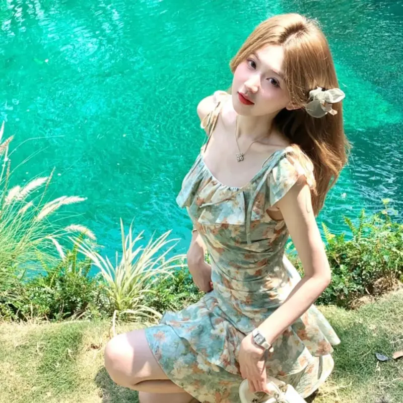 DOKZB Slip Dresses Women's Oil Paintings Green-4