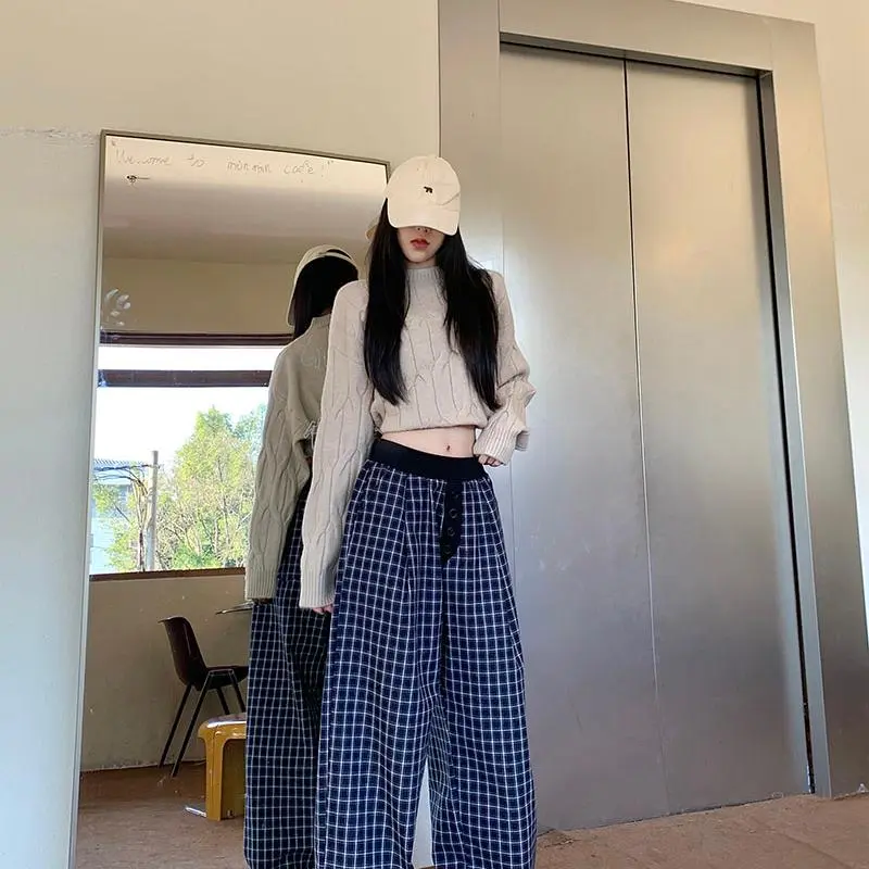 DOKZB Casual Pants Women's Navy Blue Plaid-3