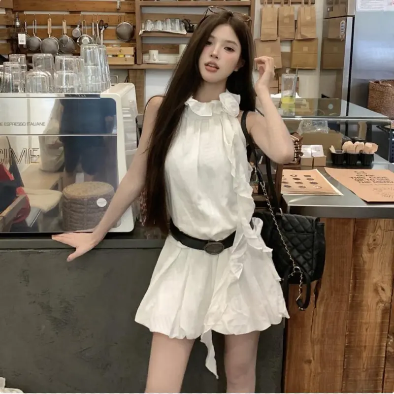 DOKZB Sleeveless Dresses Women's White-4