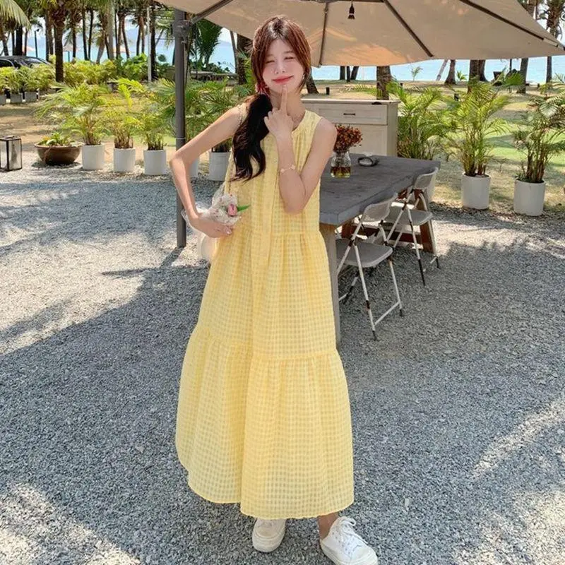DOKZB Sleeveless Dresses Women's Yellow-4