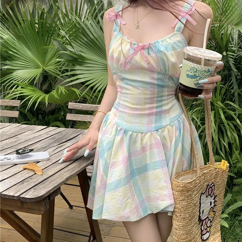 DOKZB Slip Dresses Women's Blue Pink Plaid-2