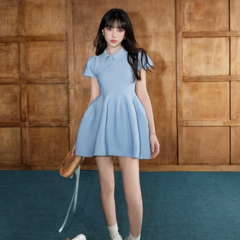 DOKZB Short Sleeved Dress Women's Blue-2