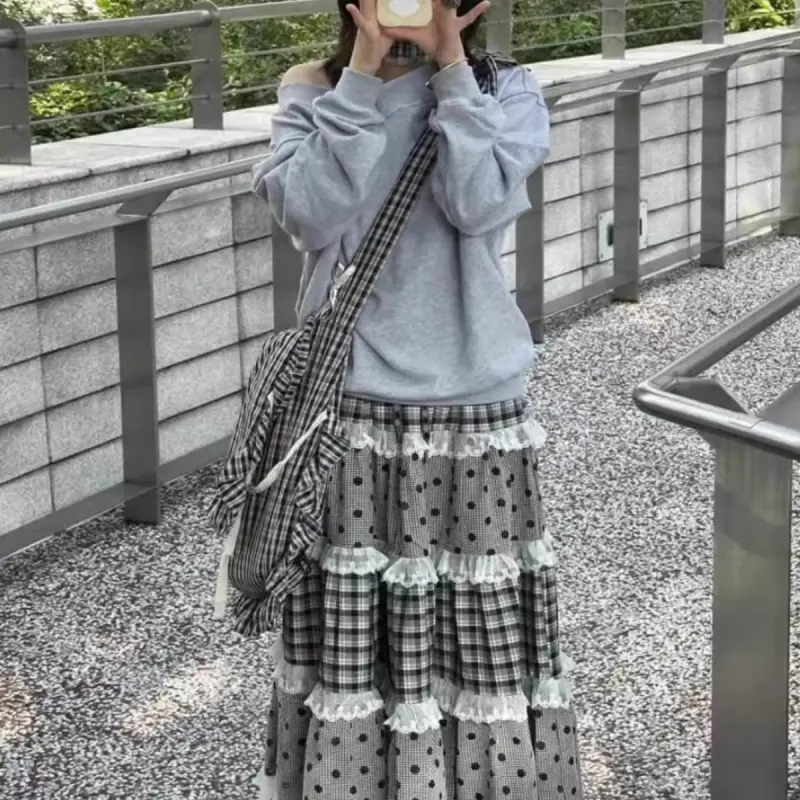 DOKZB Casual Long Skirt Women's Black Polka Dot-6
