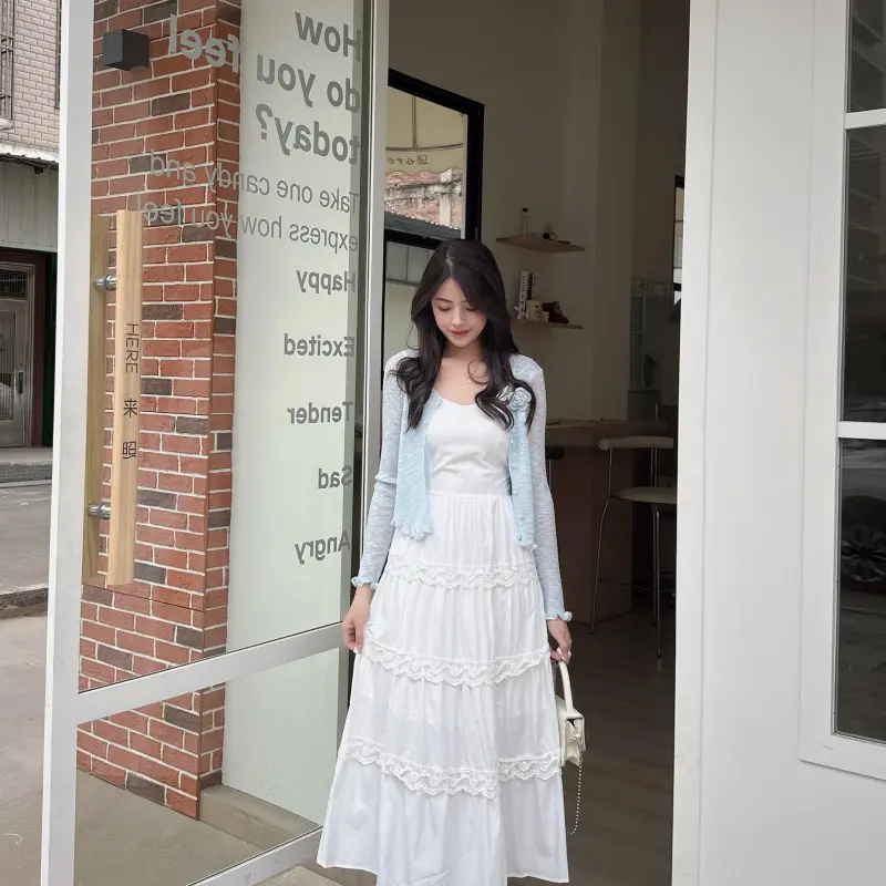 DOKZB Slip Dress Women's Blue Top+White Skirt-3