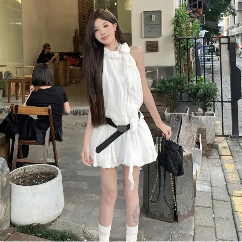 DOKZB Sleeveless Dresses Women's White-3