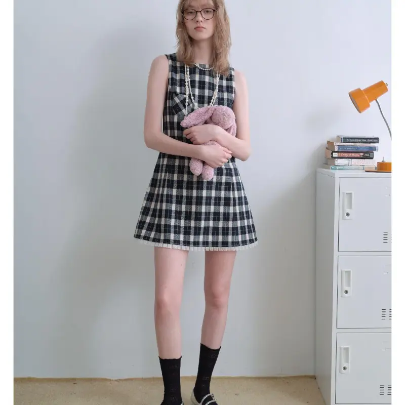 DOKZB Sleeveless Dresses Women's Black Plaid-4