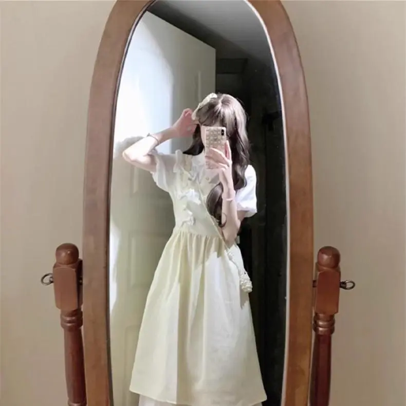 DOKZB Short Sleeved Dress Women's Light Yellow-5