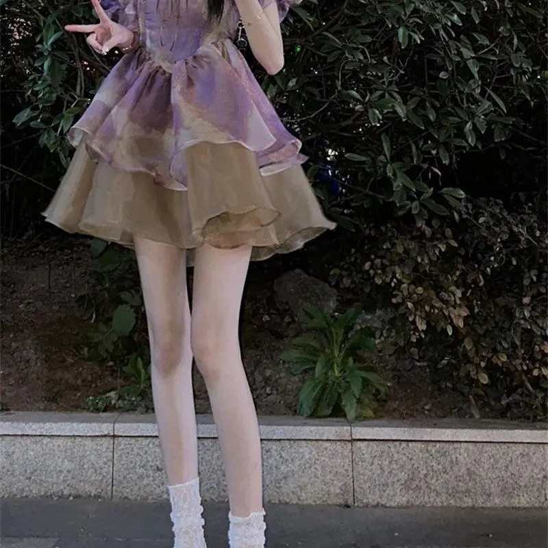 DOKZB Short Sleeved Dress Women's Purple-5