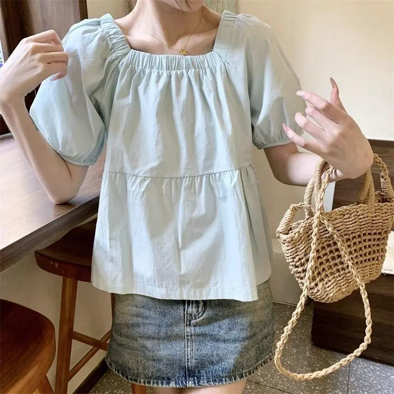 DOKZB Puff Sleeve T Shirt Women's Blue-3