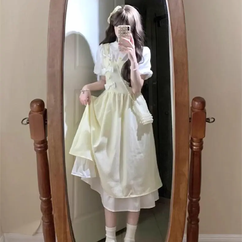 DOKZB Short Sleeved Dress Women's Light Yellow-3