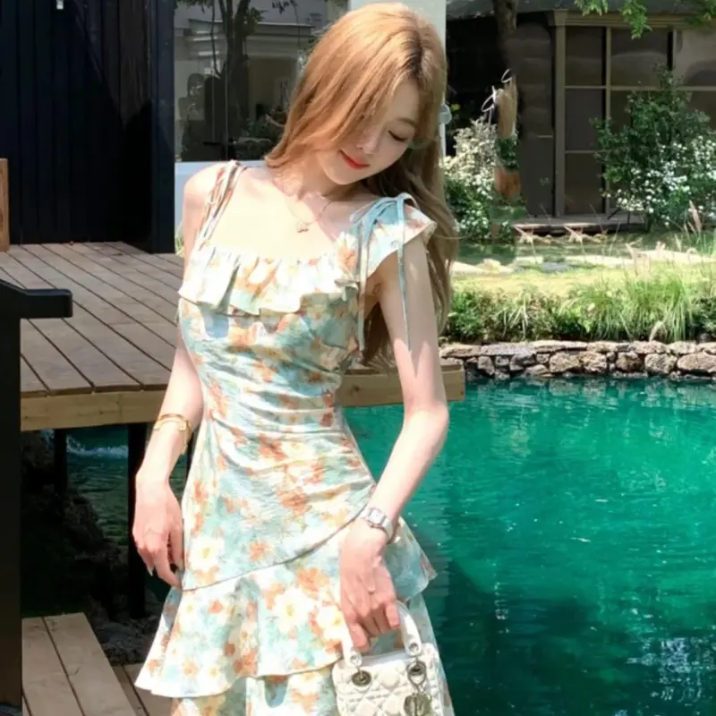 DOKZB Slip Dresses Women's Oil Paintings Green-5