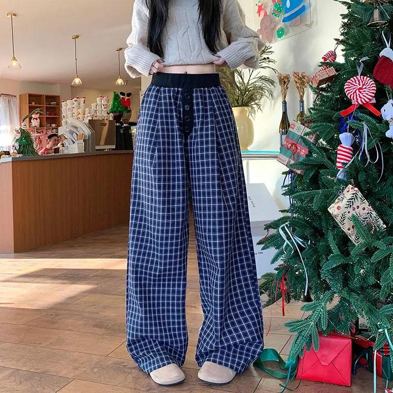 DOKZB Casual Pants Women's Navy Blue Plaid-5