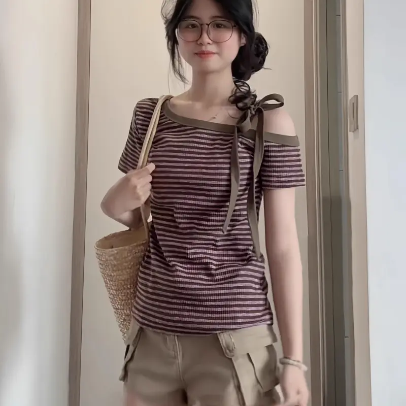 DOKZB T Shirts Women's Purple & Coffee-5