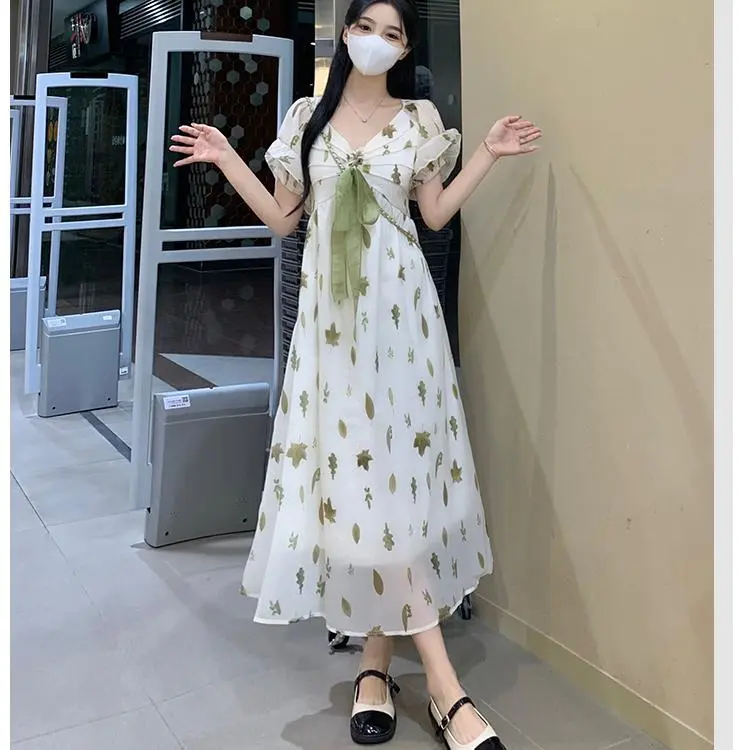 DOKZB Short Sleeved Dress Women's Light Green Floral-4