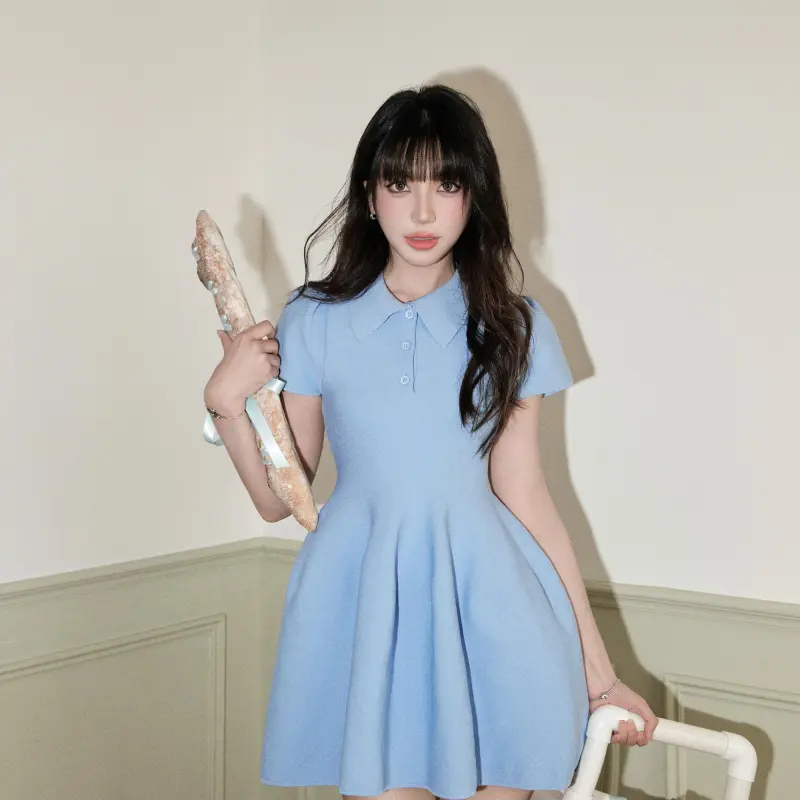 DOKZB Short Sleeved Dress Women's Blue-4