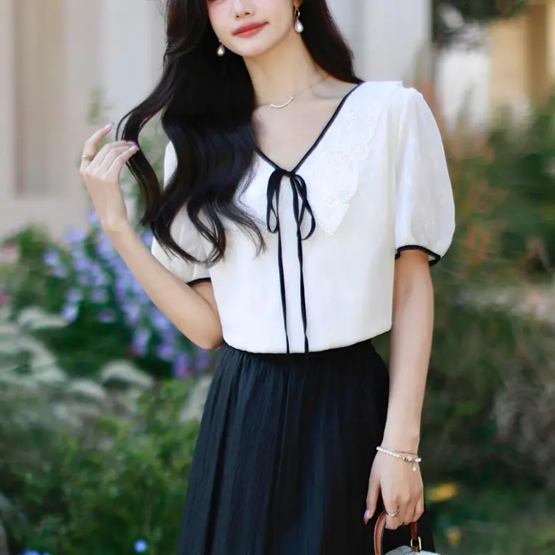DOKZB Summer Puff Sleeve T Shirt Women's Beige-5